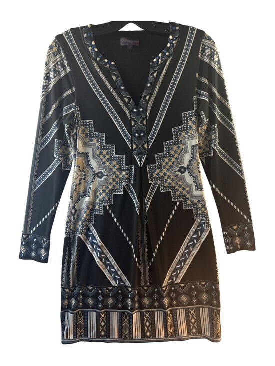 Hale Bob Dresses & Skirts - Hale Bob S Beaded Geometric Print Long Sleeve V-Neck Black Tunic Dress